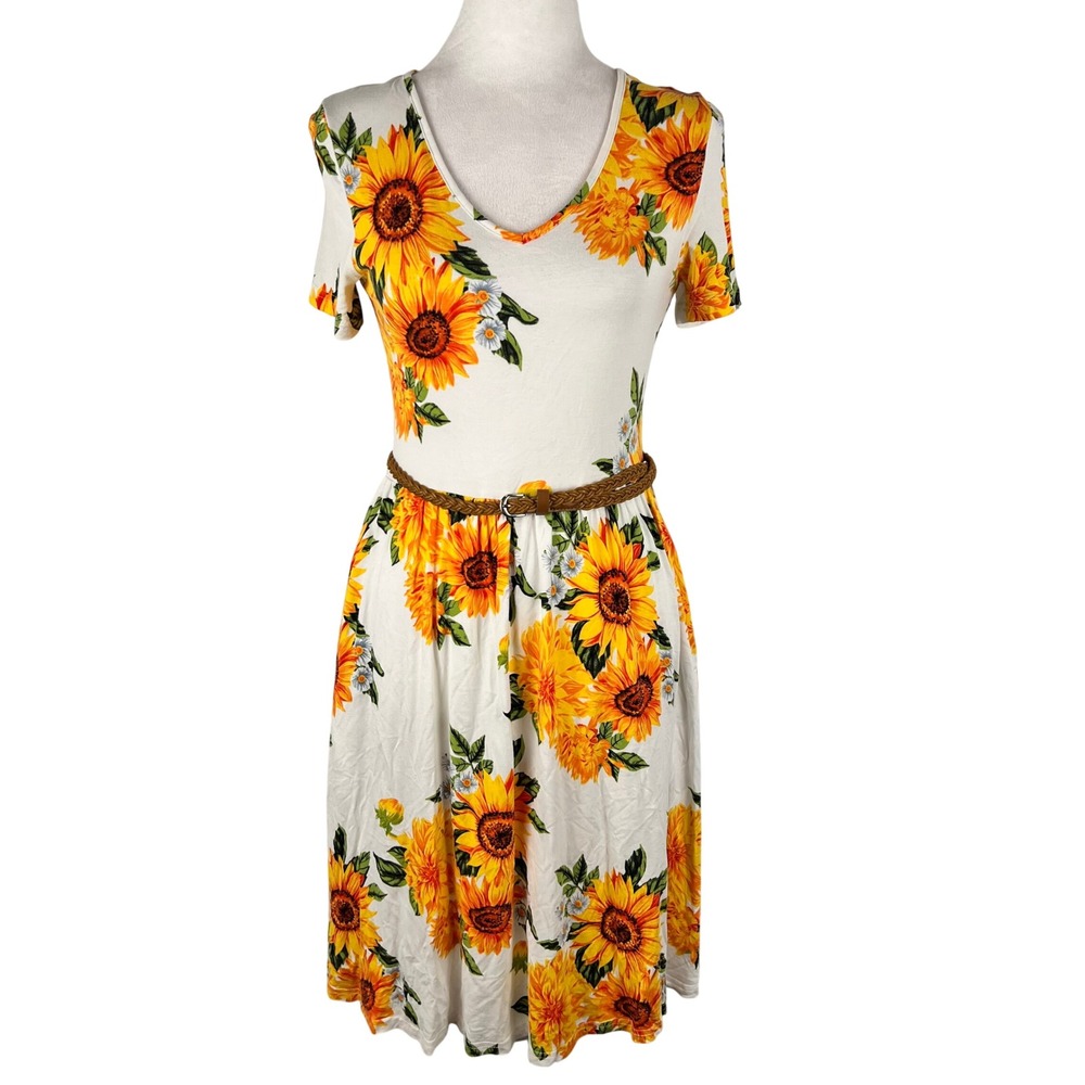 Sunflower Print Sundress Small White Short Sleeve Belted Pocket Knee Length